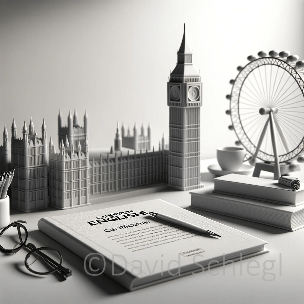 DALL·E 2024-01-18 13.22.44 - A simple, monochrome scene representing the Cambridge English Certificate, created without any text or logos, and including elements of London. The im
