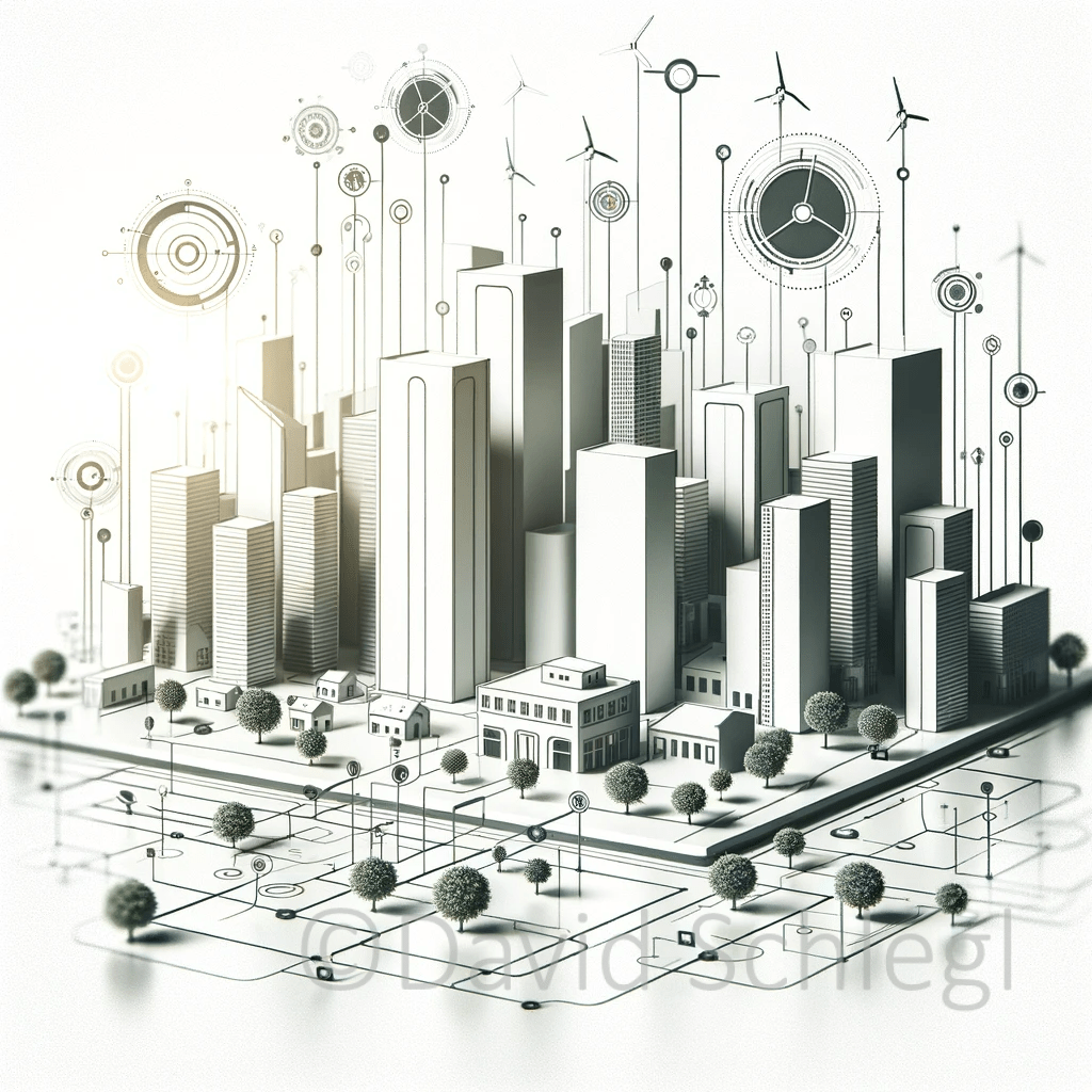 DALL·E 2024-01-18 15.37.40 - A simple, monochrome scene representing the concept of smart cities, created without using any text, words, or logos. The image should convey the esse